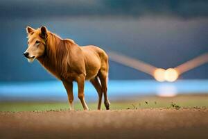un caballo en pie en el medio de un campo. generado por ai foto