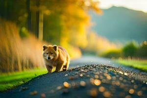 a dog walking on a road in the middle of a field. AI-Generated photo