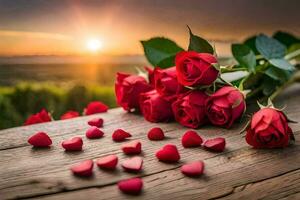 red roses on a wooden table with hearts scattered around. AI-Generated photo