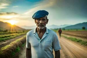 an old man standing in a field with a blue beret. AI-Generated photo