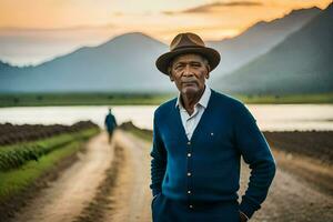 a man in a hat standing on a dirt road. AI-Generated photo