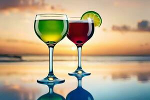 two glasses of wine with a lime slice on the edge of the pool. AI-Generated photo