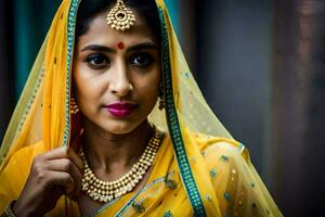 a beautiful indian woman in a yellow sari. AI-Generated photo