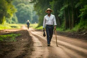 un hombre caminando abajo un suciedad la carretera con un caña. generado por ai foto