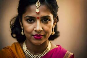 a woman wearing a sari and jewelry. AI-Generated photo