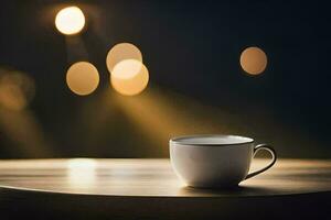 a cup of coffee on a table in front of a blurred background. AI-Generated photo