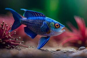 a blue fish with red eyes and a red flower. AI-Generated photo
