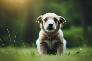 un perrito es sentado en el césped con el Dom brillante. generado por ai foto