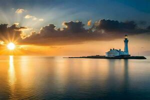 a lighthouse in the middle of the ocean at sunset. AI-Generated photo