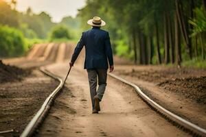 un hombre en un traje y sombrero caminando en un ferrocarril pista. generado por ai foto