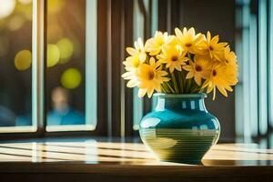 yellow flowers in a vase on a table near a window. AI-Generated photo