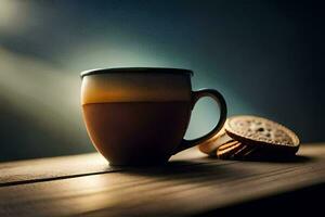 a cup of coffee and a slice of bread on a wooden table. AI-Generated photo