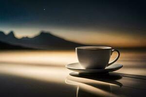 a cup of coffee on a table in front of a mountain. AI-Generated photo