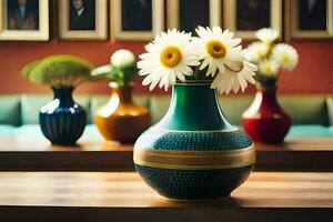 a vase with flowers sitting on a table in front of a painting. AI-Generated photo