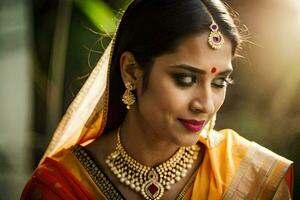 un mujer en tradicional indio atuendo con oro joyas. generado por ai foto