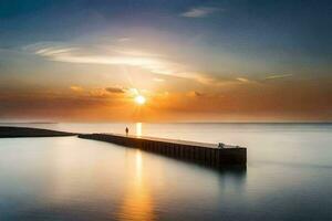 un hombre en pie en un muelle a puesta de sol. generado por ai foto