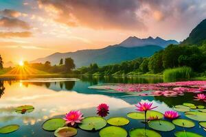 the sun rises over the mountains and the water lillies are in bloom. AI-Generated photo
