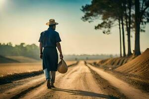 un hombre en un sombrero y largo Saco caminando abajo un suciedad la carretera. generado por ai foto