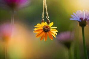 un amarillo flor es colgando desde un collar en frente de un campo de flores generado por ai foto