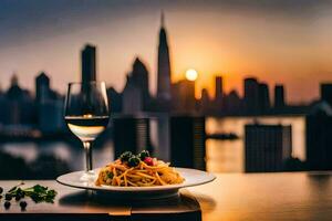 un plato de pasta y un vaso de vino en un mesa en frente de un ciudad horizonte. generado por ai foto
