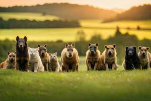 un grupo de perros y gatos en pie en un campo. generado por ai foto