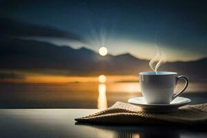 a cup of coffee on the table with a view of the sunset. AI-Generated photo