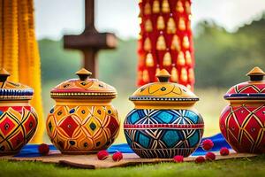 colorful pots on a table with colorful decorations. AI-Generated photo
