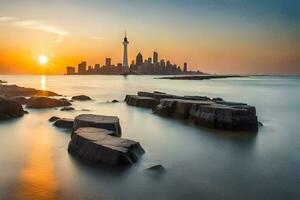 the sun sets over the city skyline in toronto. AI-Generated photo