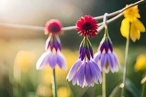 flowers hanging from a wire in a field. AI-Generated photo