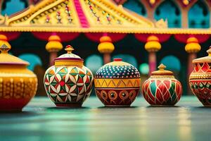 a row of colorful vases lined up in front of a colorful building. AI-Generated photo