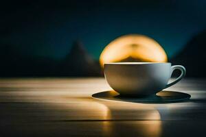 a cup of coffee on a table in front of a blurry background. AI-Generated photo
