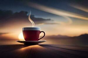 a cup of coffee on a table with a sunset in the background. AI-Generated photo