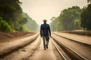 un hombre en un traje y sombrero caminando abajo un ferrocarril pista. generado por ai foto