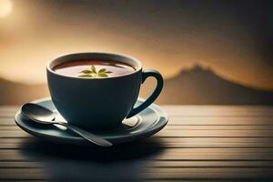 un taza de té en un mesa con un montaña en el antecedentes. generado por ai foto