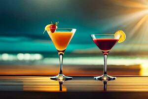 two cocktails on a table with the sun in the background. AI-Generated photo