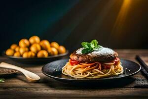 spaghetti with meat and vegetables on a plate. AI-Generated photo