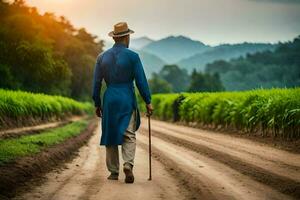 a man in a blue suit walks down a dirt road. AI-Generated photo