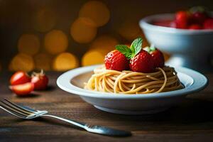 a plate of spaghetti with strawberries and mint leaves. AI-Generated photo