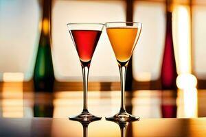 two glasses of wine on a table with a view of the sunset. AI-Generated photo