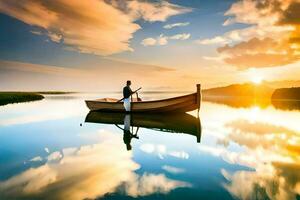 a man in a boat on a calm lake at sunset. AI-Generated photo