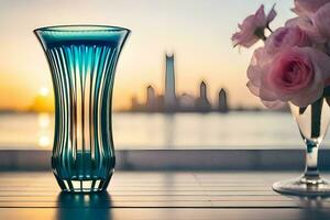 a vase with pink flowers and a city view. AI-Generated photo