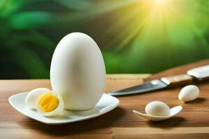 un hervido huevo en un plato con un cuchillo. generado por ai foto