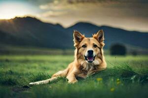 a dog laying in the grass with mountains in the background. AI-Generated photo