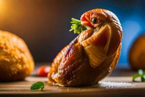 un pollo es sentado en un de madera corte tablero. generado por ai foto