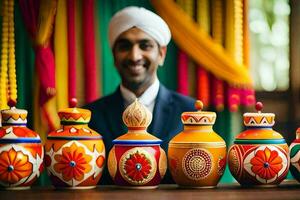 a man in a turban is standing next to colorful pots. AI-Generated photo