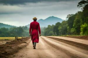 a man in a red coat walks down a dirt road. AI-Generated photo