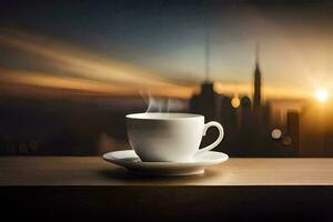 a cup of coffee on a table in front of a cityscape. AI-Generated photo