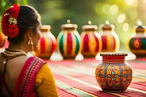 a woman in a colorful sari sits on a table with colorful vases. AI-Generated photo