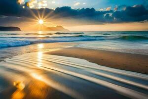 the sun shines over the ocean and waves on a beach. AI-Generated photo