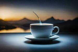 a cup of coffee on a table with a view of the mountains. AI-Generated photo